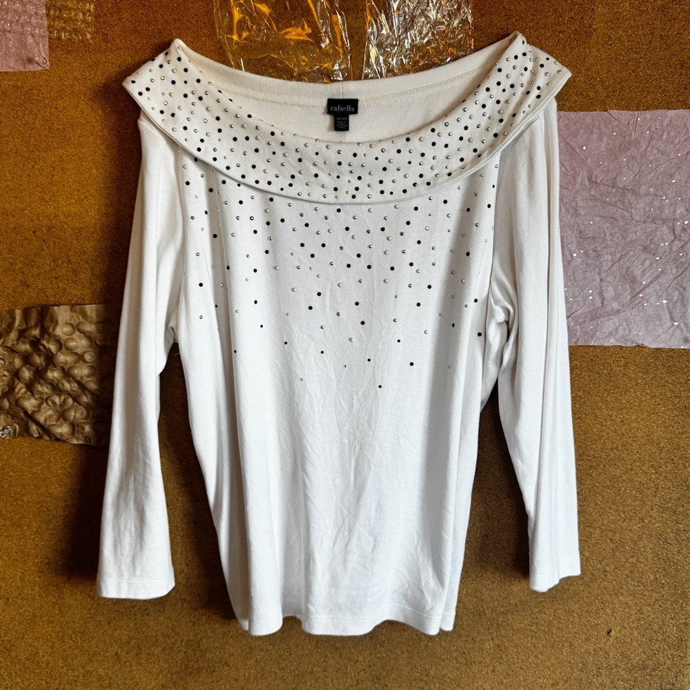 Rafaella White Long Sleeve Top with Black Embellishments
